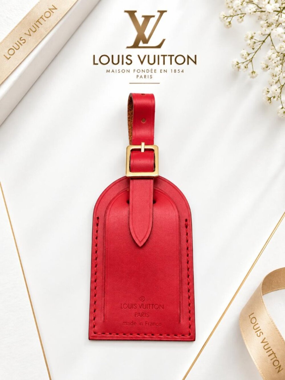 Authentic Louis Vuitton Red Leather Luggage Tag